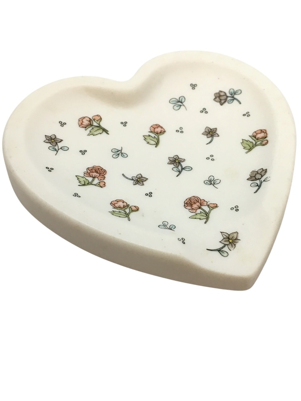 VINTAGE Heart Shape Trinket Soap Dish Bisque Porcelain Flowers Floral Feminine